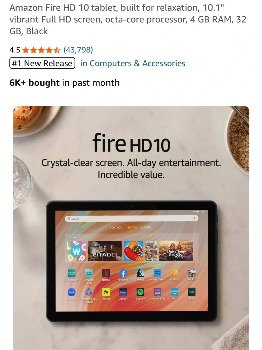 Amazon Fire HD 10 Tablet — Black, 64 G, no ads on lockscreen